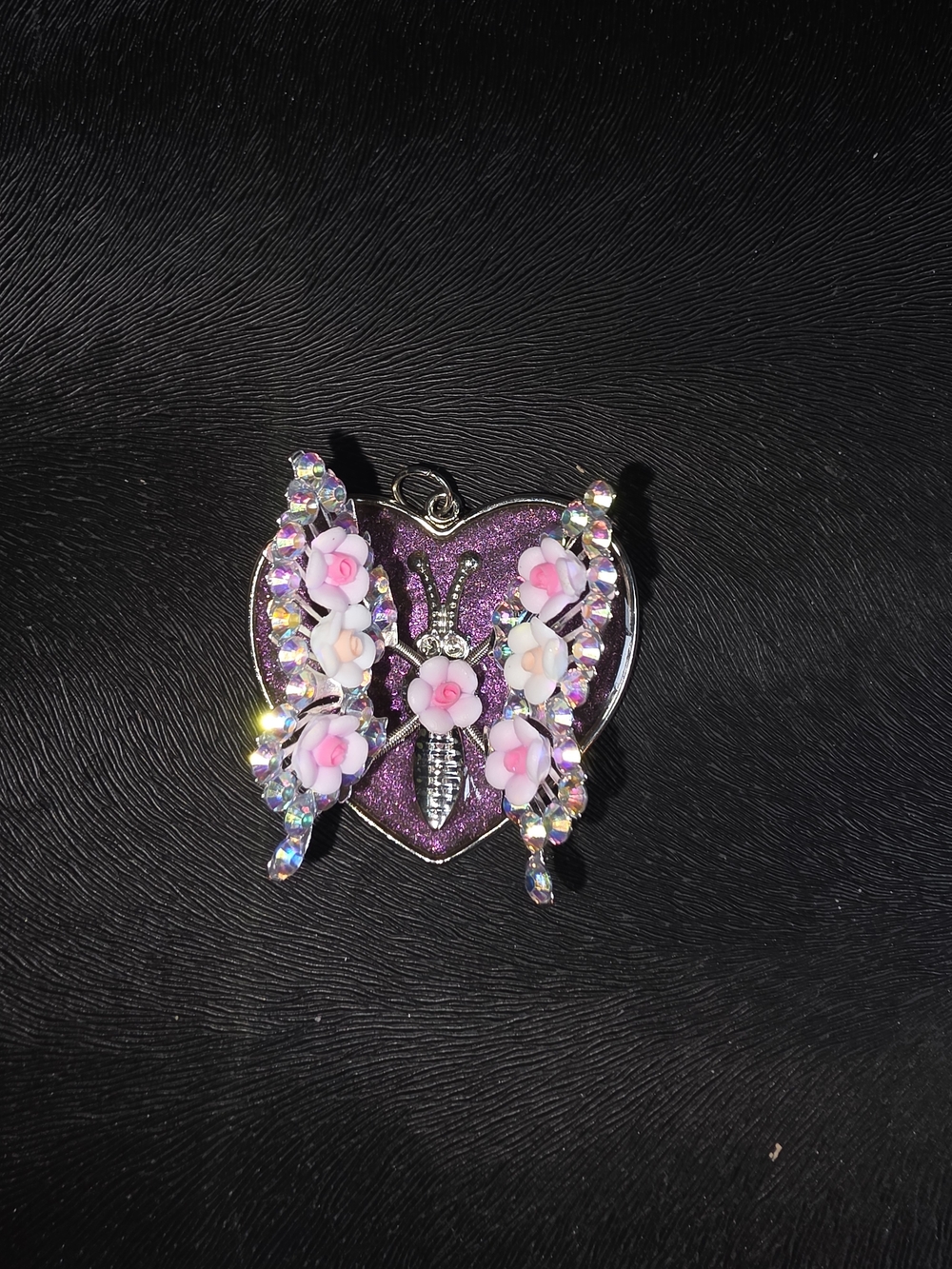 Butterfly Heart Pendant Necklace - Pink Floral Crystal Accent